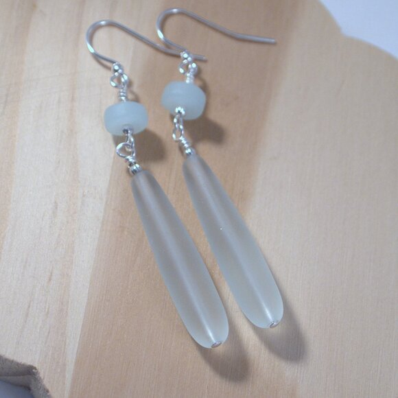 Long Sea Glass Drop Earrings Beach Statement Pierced or Clip-on Earrings - Picture 1 of 11